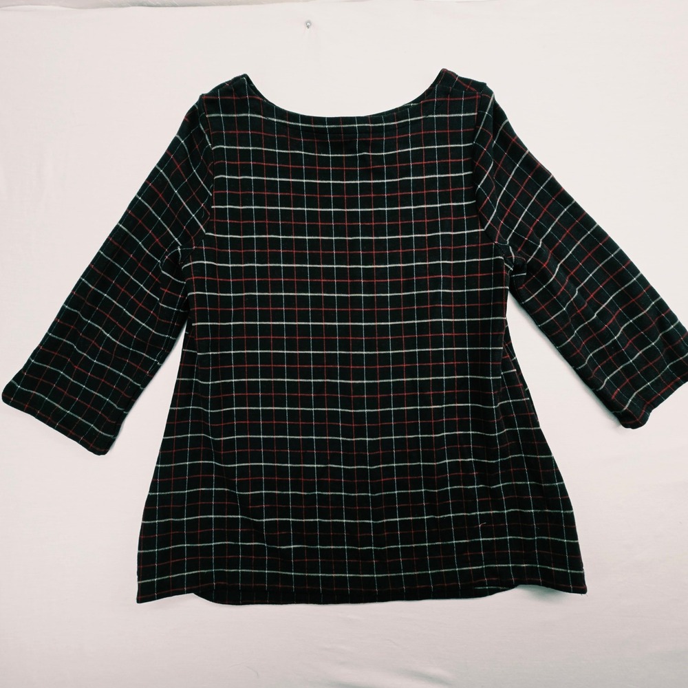 J. Jill Ponte Knit Sz S Heathered Black Red White Plaid Boat Neck 3/4 Sleeve